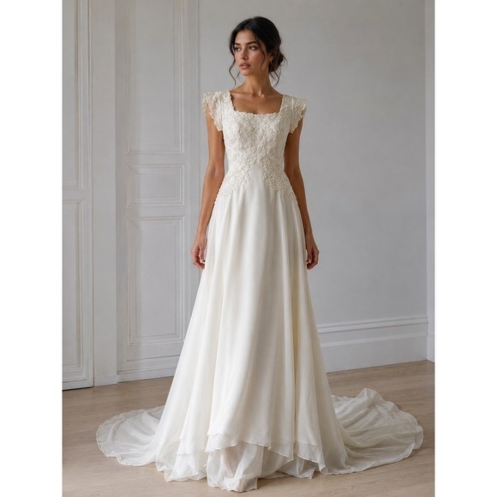 Vintage Ivory Embroidered Wedding Dress Pearl Beaded Cap Sleeve Gown XS
